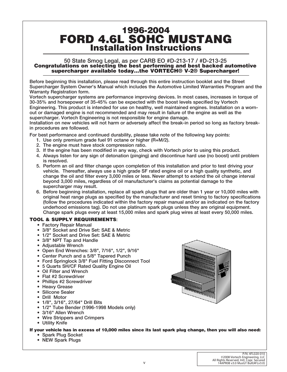 Ford 4.6l sohc mustang, Installation instructions | Vortech 1996-2004 Ford 4.6 Mustang GT User Manual | Page 5 / 39