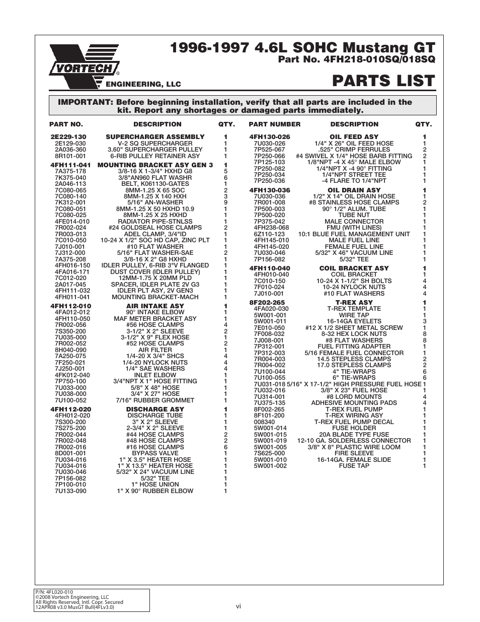 Parts list | Vortech 1996-2004 Ford 4.6 Mustang GT User Manual | Page 6 / 39