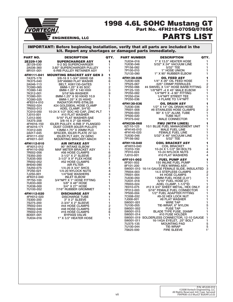 Parts list | Vortech 1996-2004 Ford 4.6 Mustang GT User Manual | Page 7 / 39