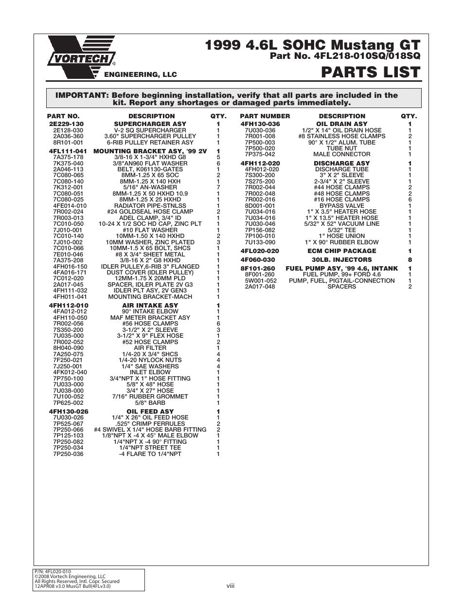 Parts list | Vortech 1996-2004 Ford 4.6 Mustang GT User Manual | Page 8 / 39