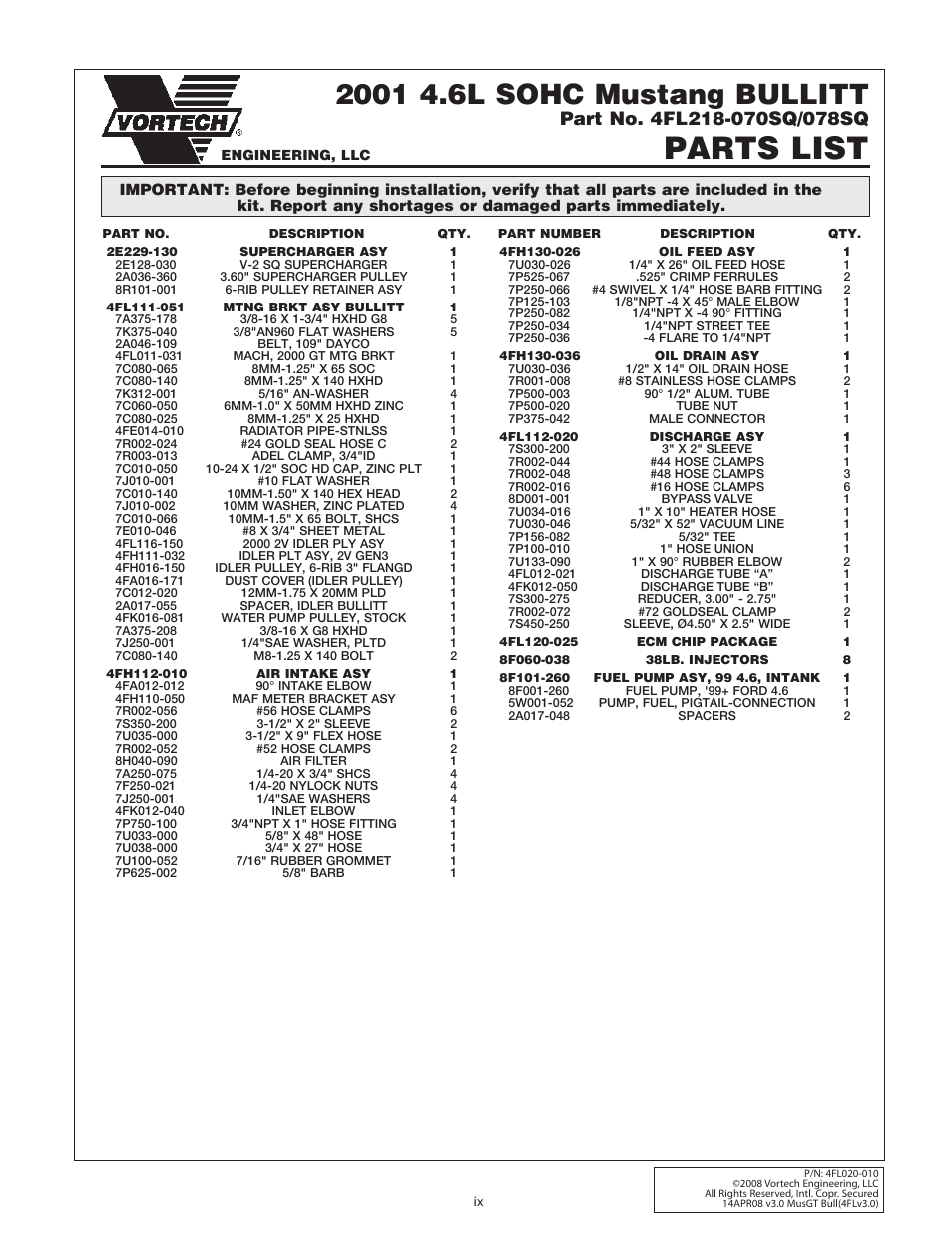 Parts list | Vortech 1996-2004 Ford 4.6 Mustang GT User Manual | Page 9 / 39