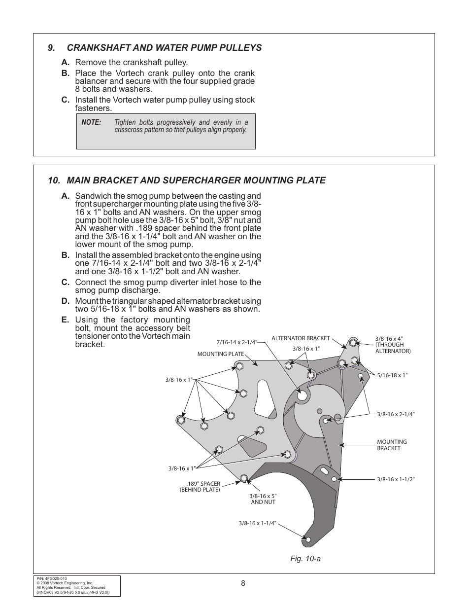 Main bracket and supercharger mounting plate, Crankshaft and water pump pulleys | Vortech 1994-1995 Ford 5.0 Mustang User Manual | Page 16 / 24