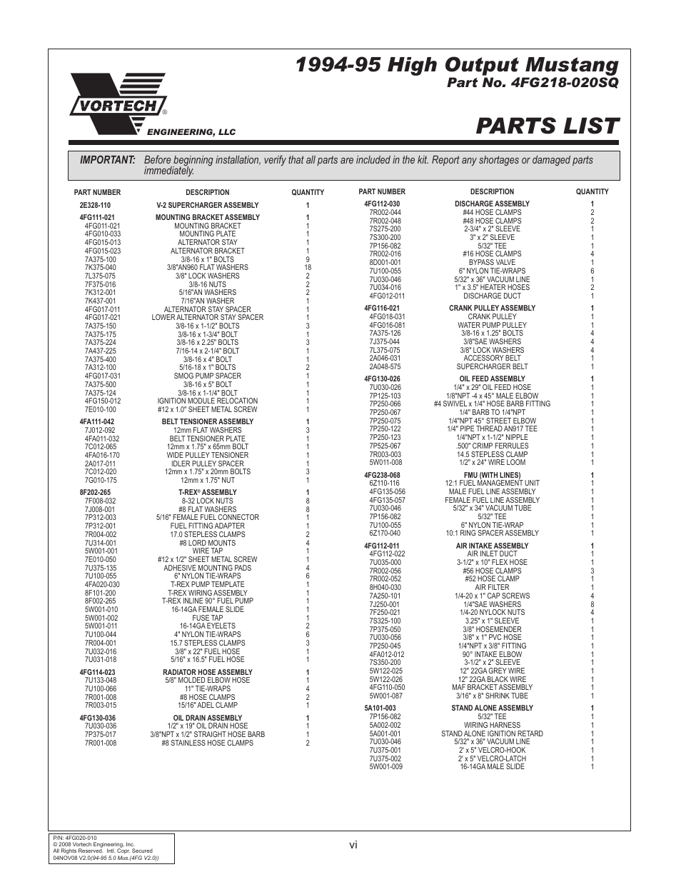 Parts list | Vortech 1994-1995 Ford 5.0 Mustang User Manual | Page 6 / 24