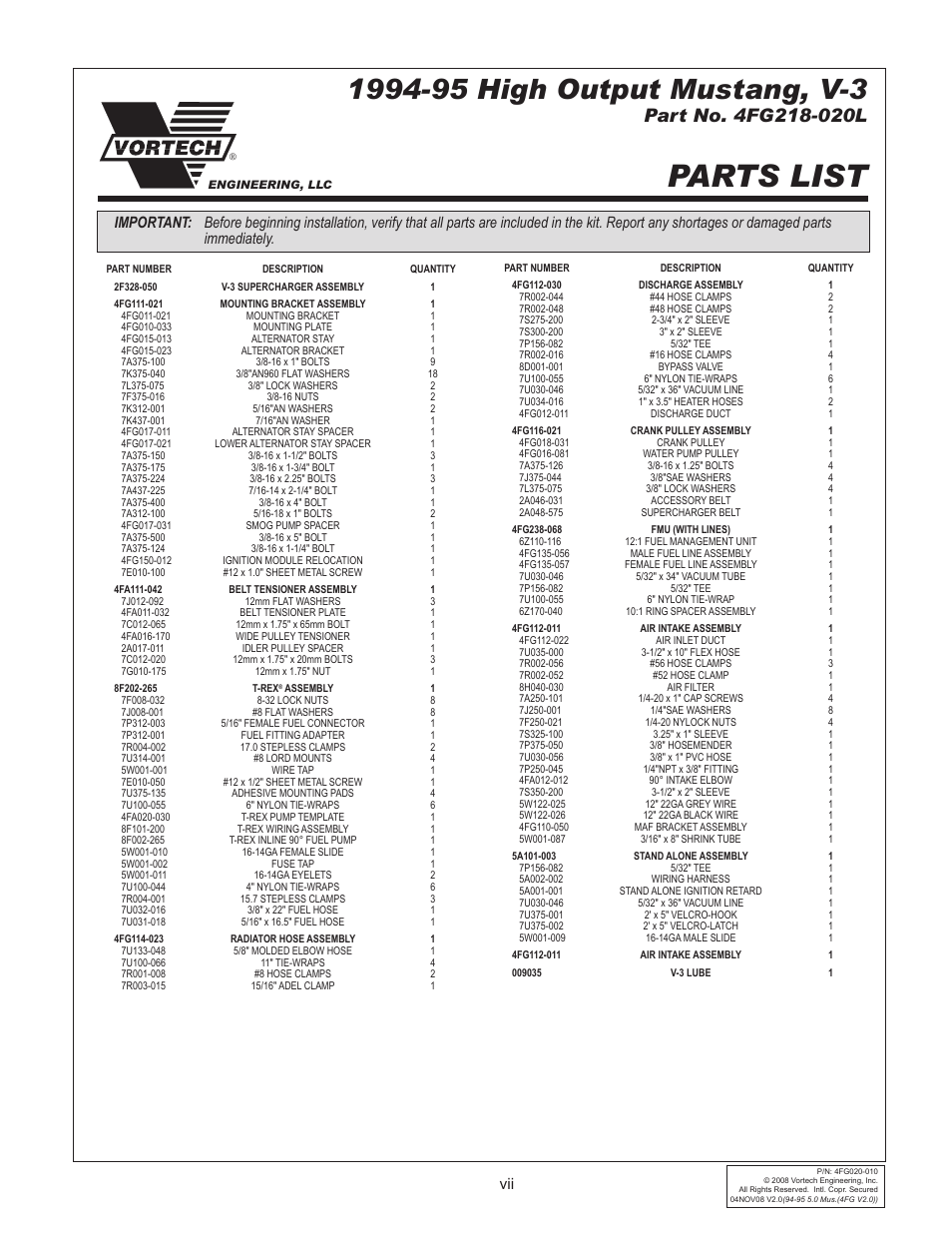 Parts list | Vortech 1994-1995 Ford 5.0 Mustang User Manual | Page 7 / 24