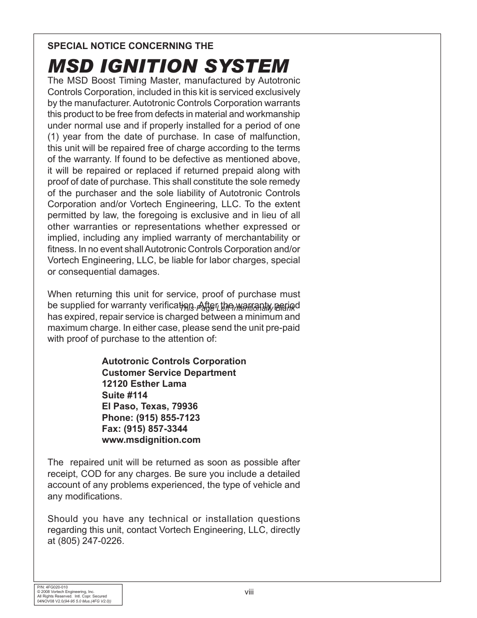 Msd ignition system | Vortech 1994-1995 Ford 5.0 Mustang User Manual | Page 8 / 24