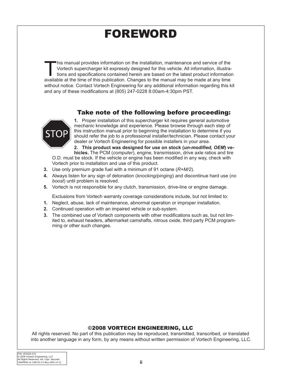 Foreword | Vortech 1986-1993 Ford 5.0 Mustang User Manual | Page 2 / 30