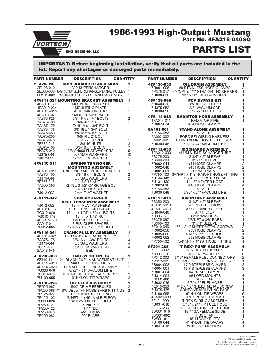 Parts list | Vortech 1986-1993 Ford 5.0 Mustang User Manual | Page 7 / 30
