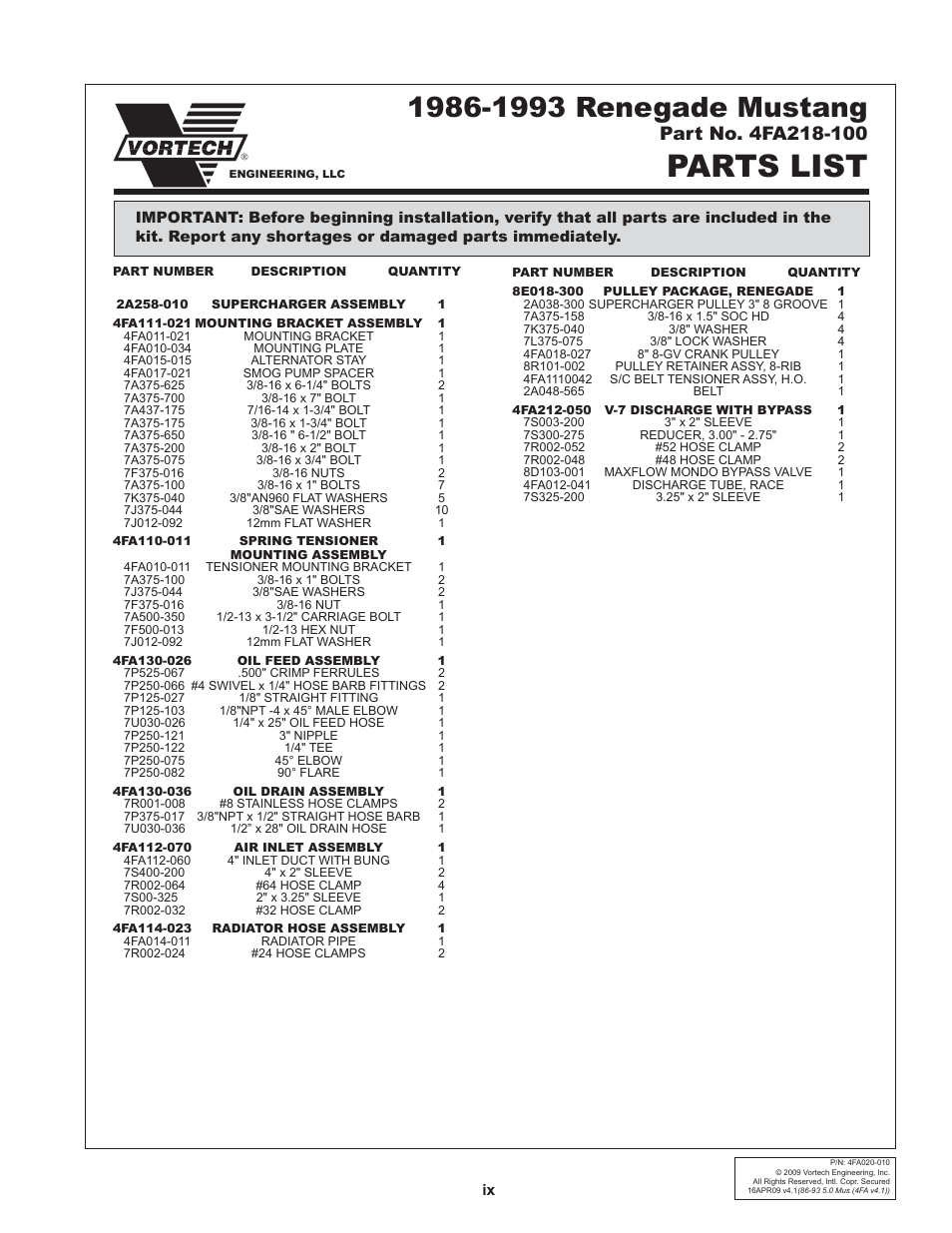 Parts list | Vortech 1986-1993 Ford 5.0 Mustang User Manual | Page 9 / 30