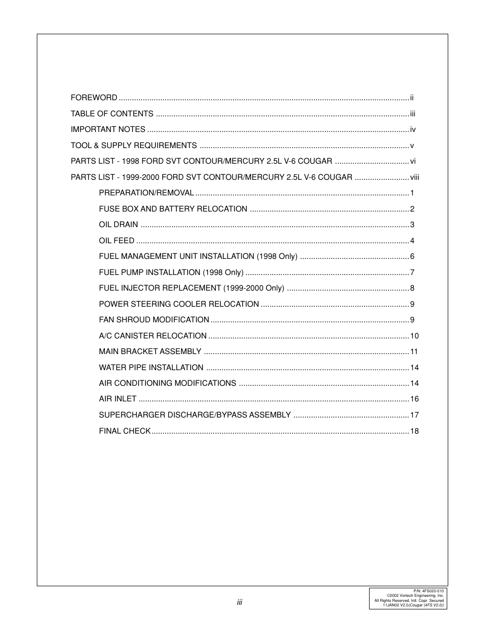 Vortech Ford SVT Contour/Mercury 2.5L V6 Cougar User Manual | Page 3 / 30