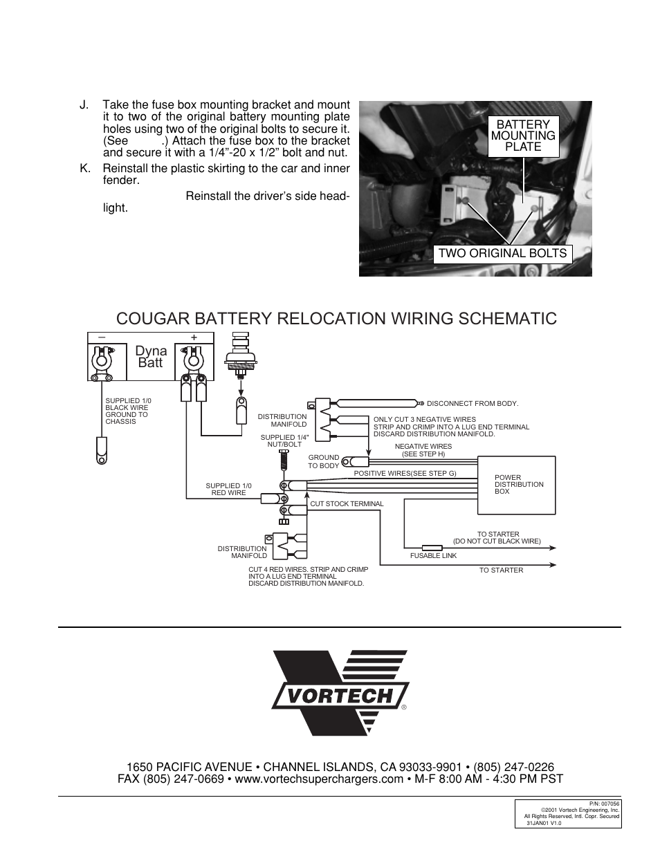 Cougar battery relocation wiring schematic, Engineering, inc, Dyna batt | Cougar/countour battery relocation, cont’d, Two original bolts battery mounting plate | Vortech Ford SVT Contour/Mercury 2.5L V6 Cougar User Manual | Page 30 / 30