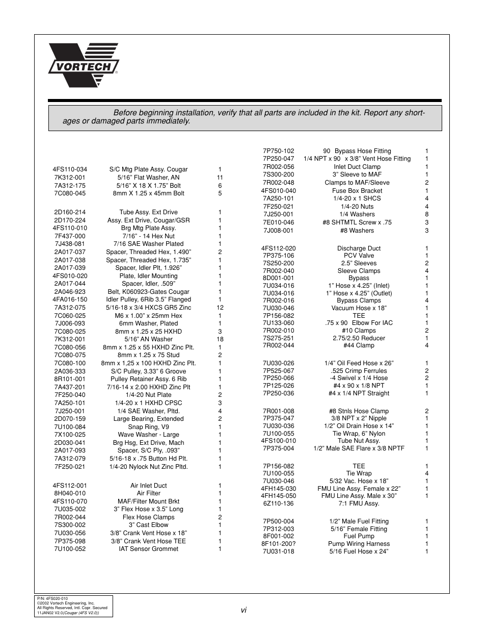 Parts list | Vortech Ford SVT Contour/Mercury 2.5L V6 Cougar User Manual | Page 6 / 30