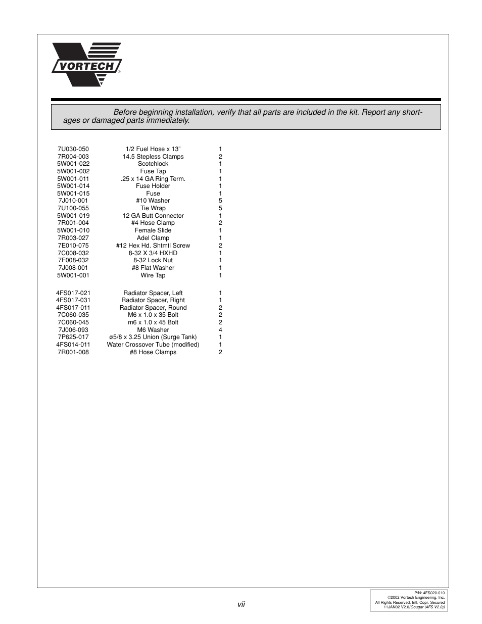 Parts list | Vortech Ford SVT Contour/Mercury 2.5L V6 Cougar User Manual | Page 7 / 30