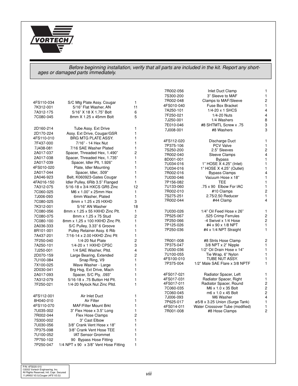 Parts list | Vortech Ford SVT Contour/Mercury 2.5L V6 Cougar User Manual | Page 8 / 30