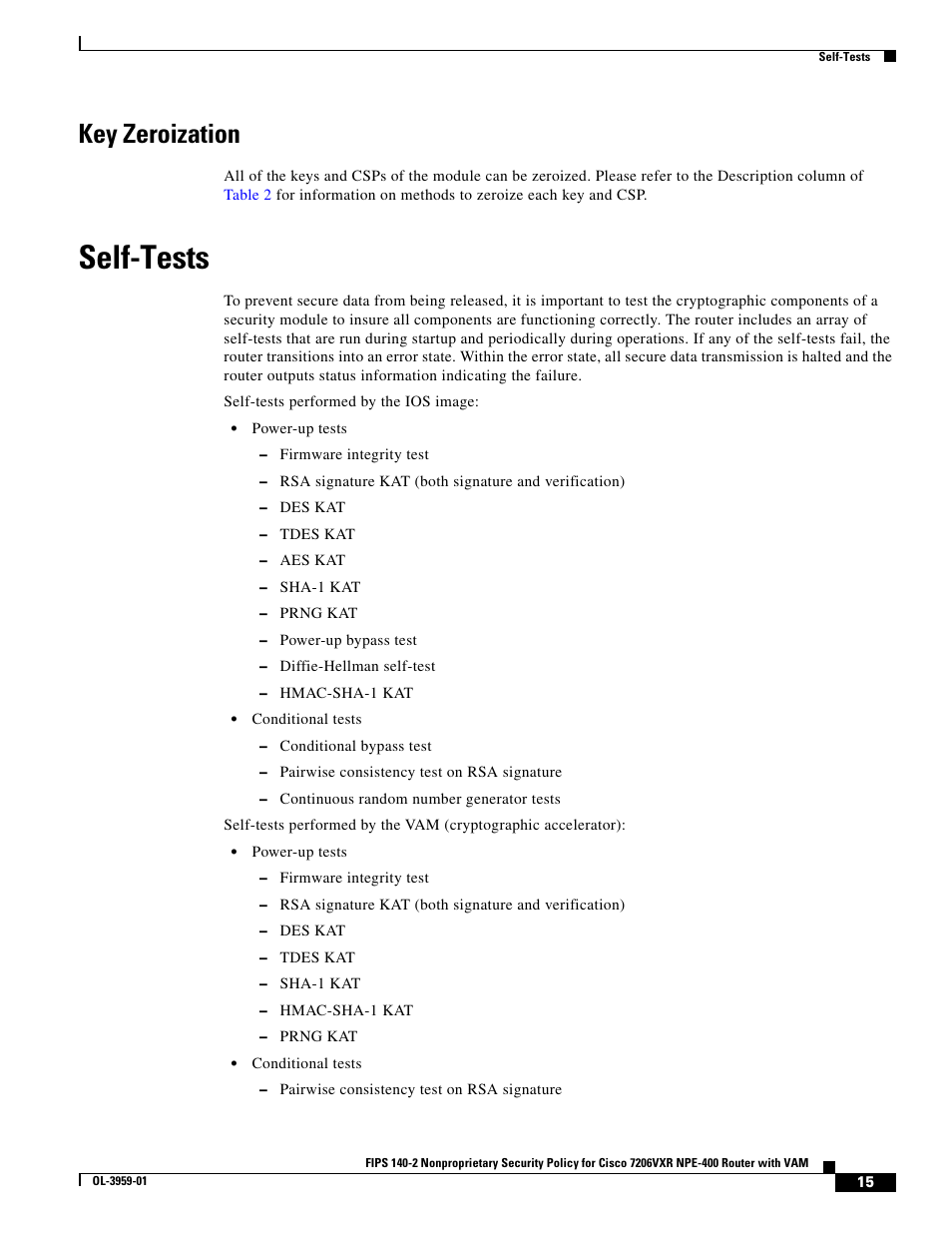 Key zeroization, Self-tests | Cisco 7206VXR NPE-400 User Manual | Page 15 / 22