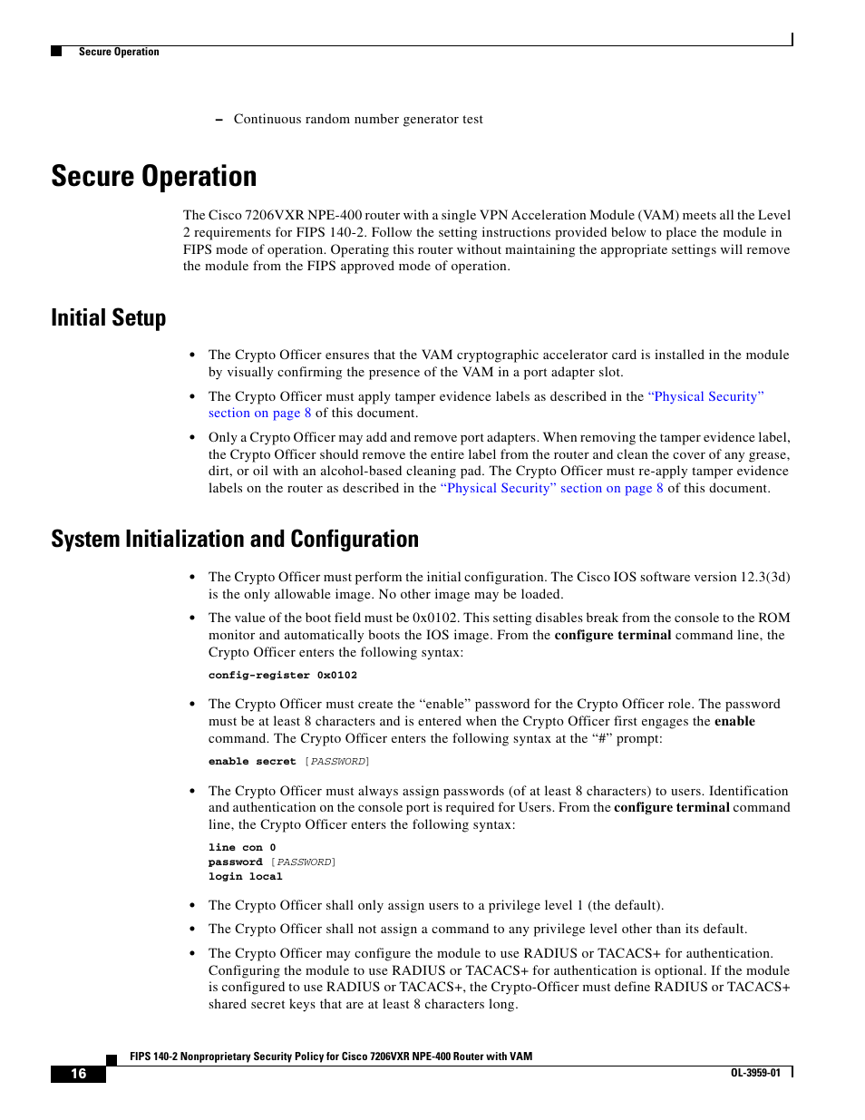 Secure operation, Initial setup, System initialization and configuration | Cisco 7206VXR NPE-400 User Manual | Page 16 / 22