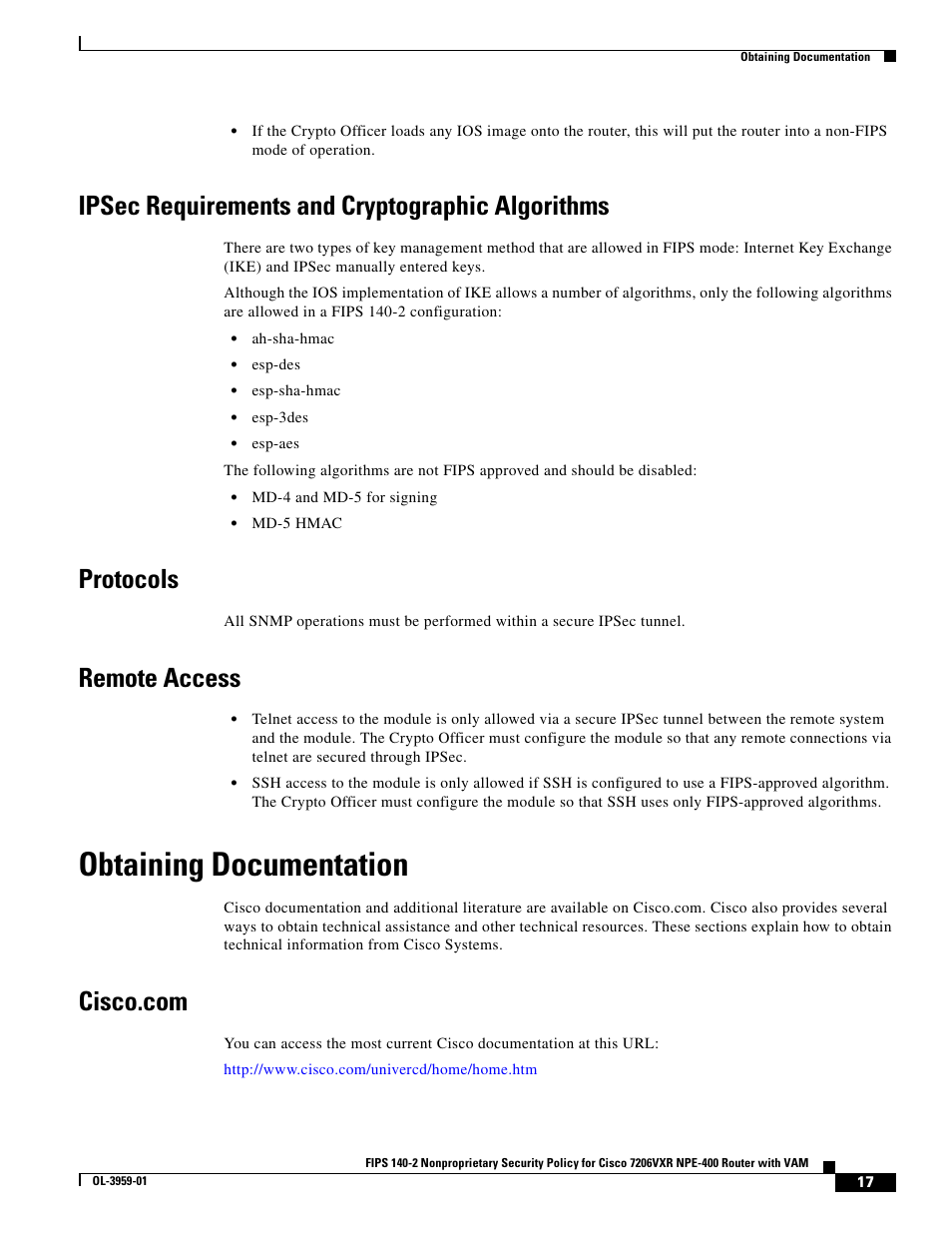 Ipsec requirements and cryptographic algorithms, Protocols, Remote access | Obtaining documentation, Cisco.com | Cisco 7206VXR NPE-400 User Manual | Page 17 / 22