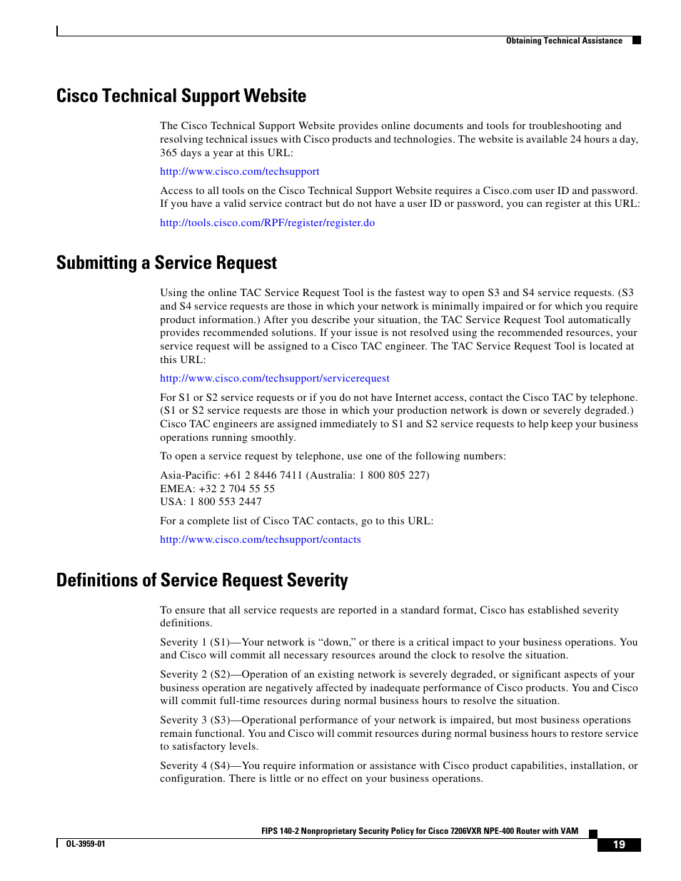 Cisco technical support website, Submitting a service request, Definitions of service request severity | Cisco 7206VXR NPE-400 User Manual | Page 19 / 22