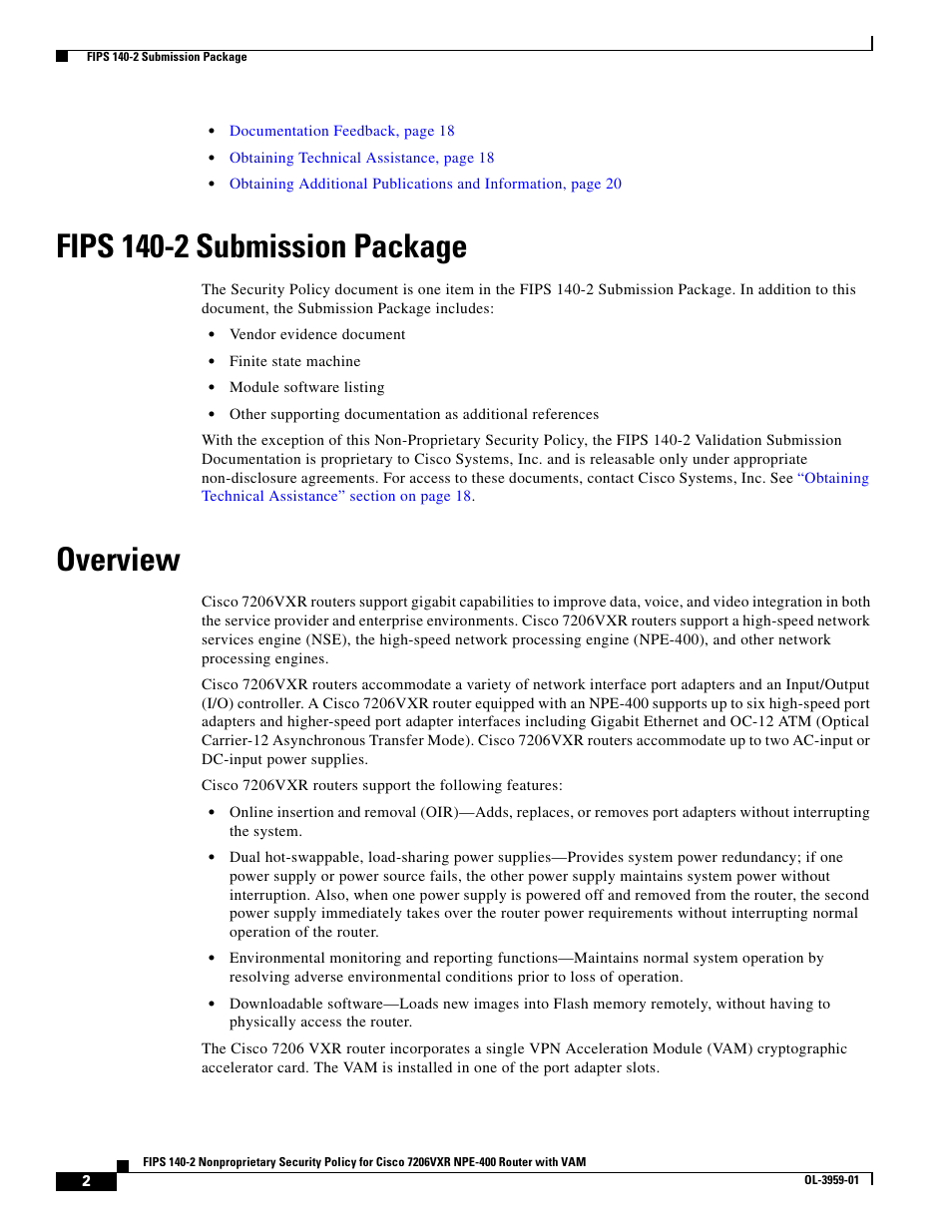 Fips 140-2 submission package, Overview | Cisco 7206VXR NPE-400 User Manual | Page 2 / 22