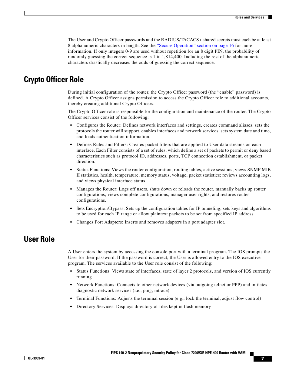 Crypto officer role, User role | Cisco 7206VXR NPE-400 User Manual | Page 7 / 22