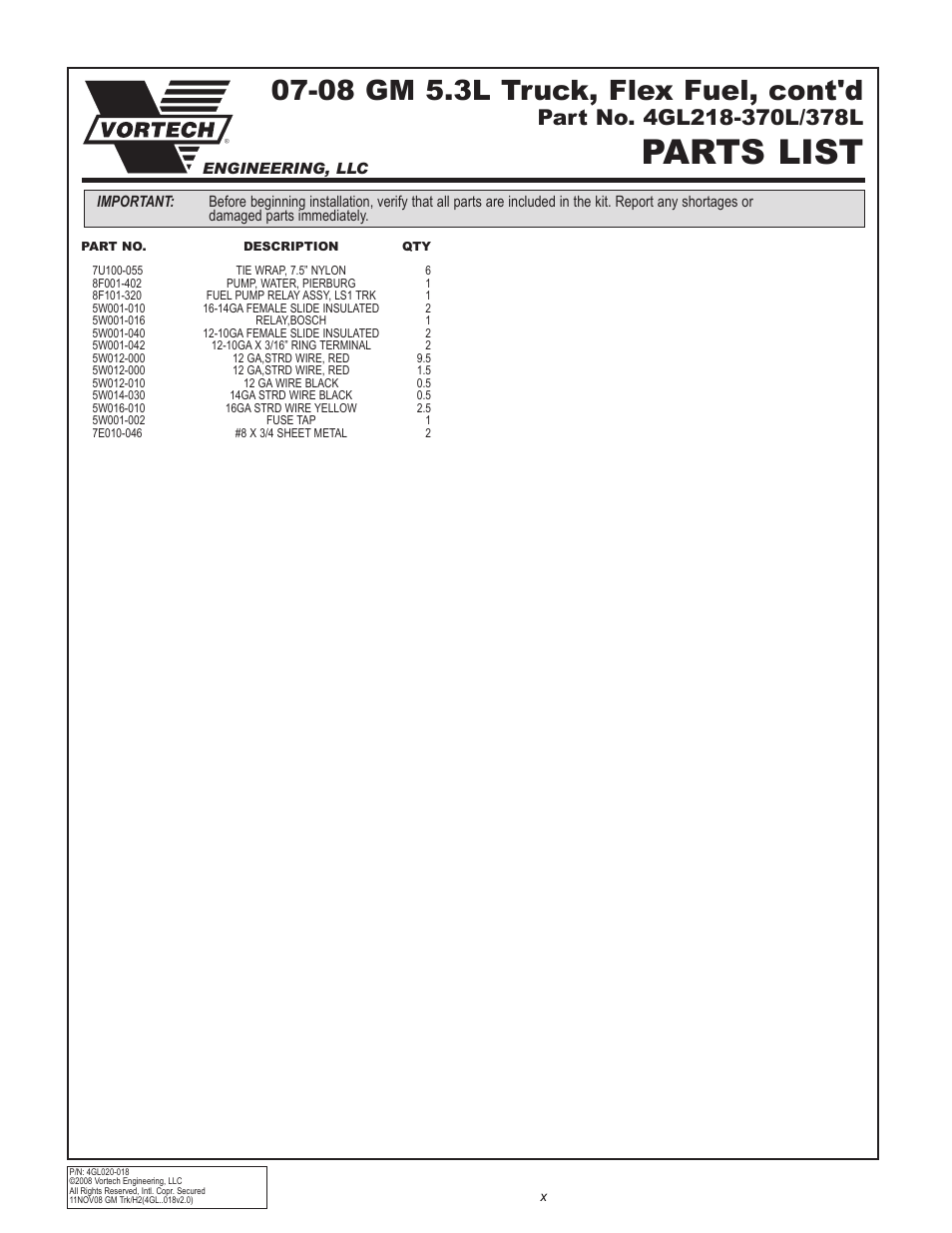 Parts list, 08 gm 5.3l truck, flex fuel, cont'd | Vortech GM 5.3L/6.2L Light Truck/SUV - 2007-2008 User Manual | Page 10 / 40