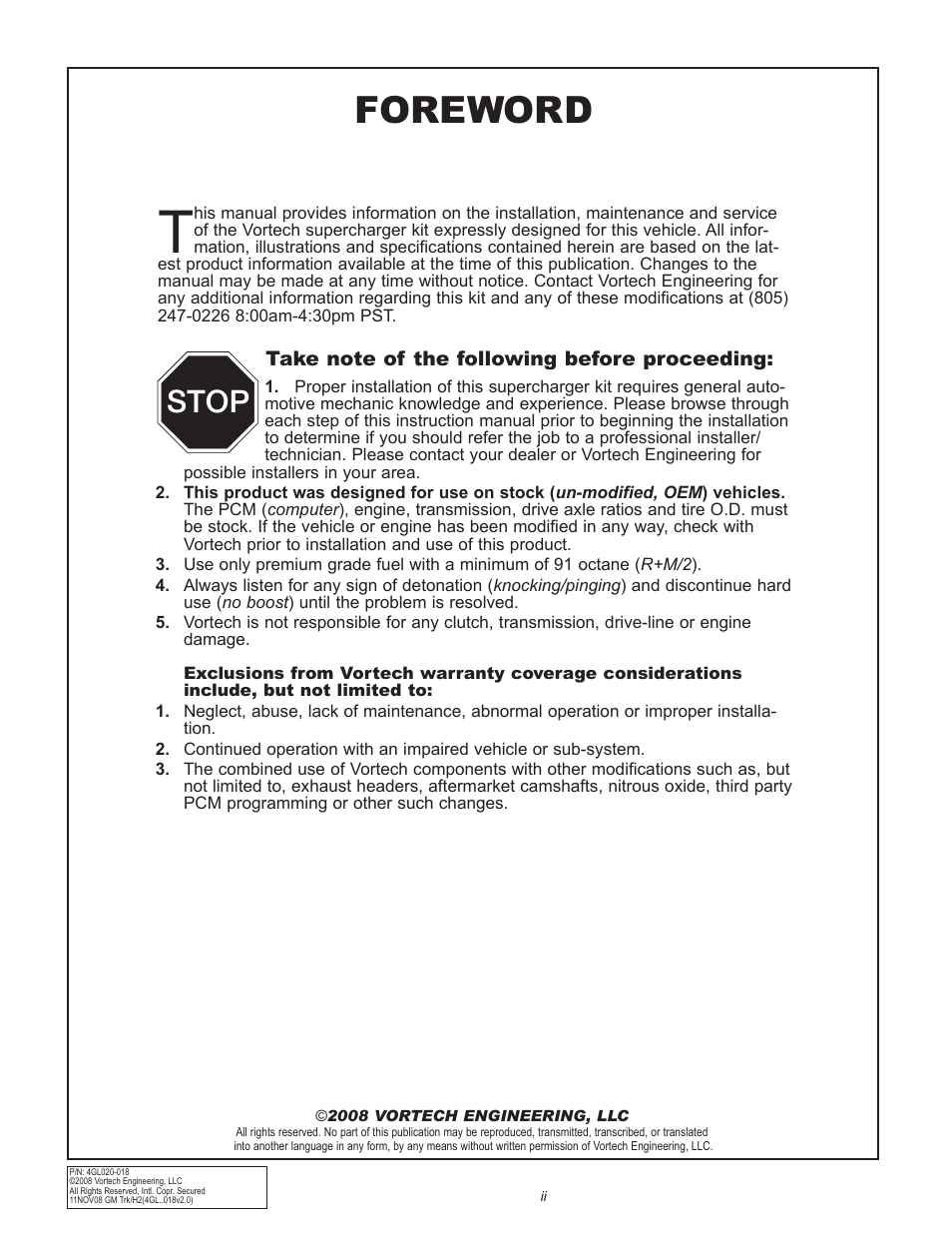 Foreword, Stop | Vortech GM 5.3L/6.2L Light Truck/SUV - 2007-2008 User Manual | Page 2 / 40