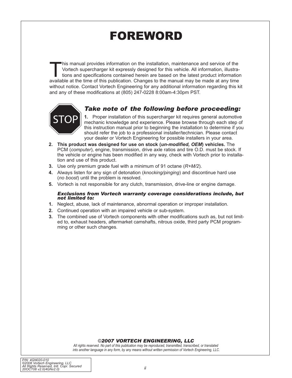 Foreword | Vortech H3 I-5 Hummer - 2006-2008 User Manual | Page 2 / 32