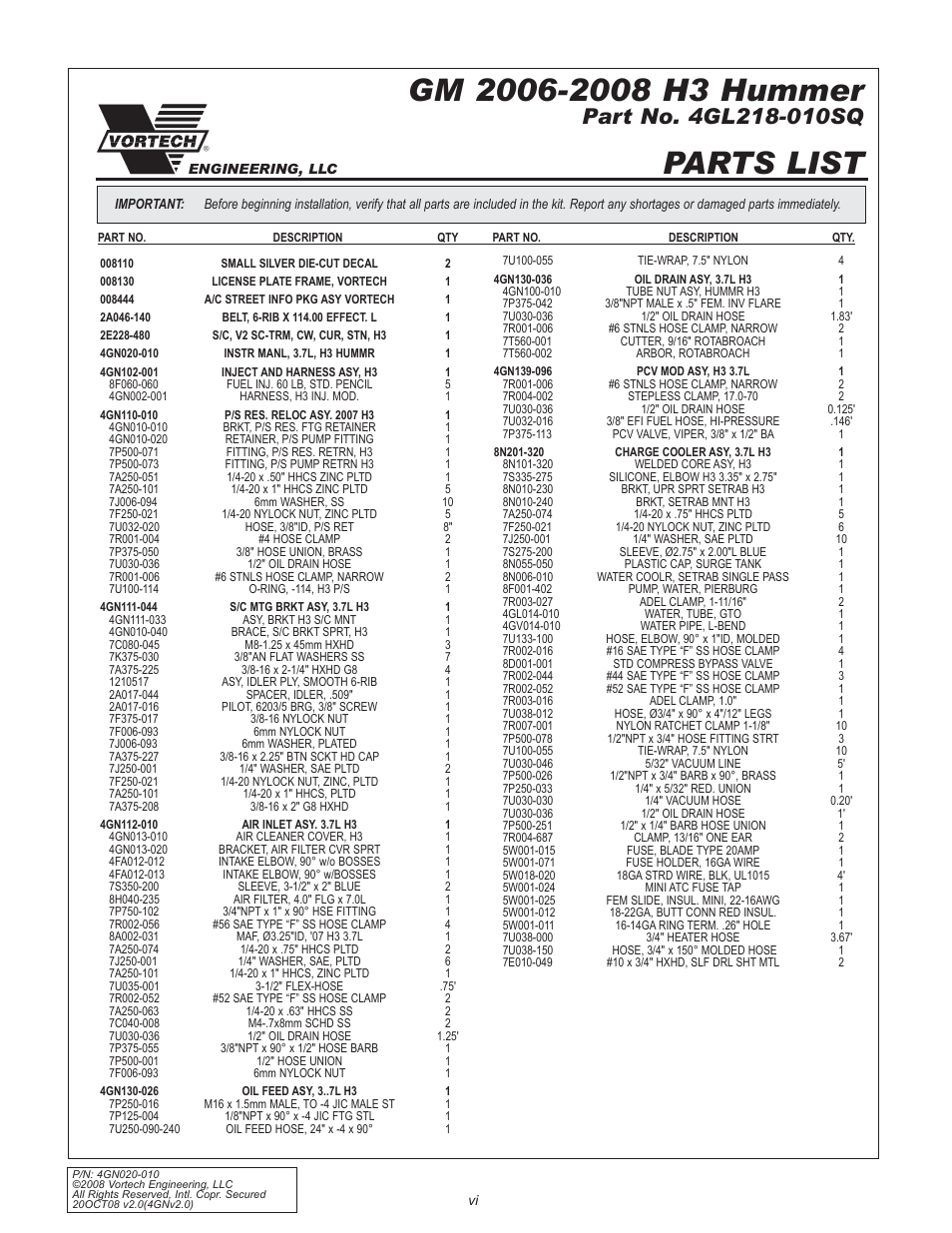 Parts list | Vortech H3 I-5 Hummer - 2006-2008 User Manual | Page 6 / 32