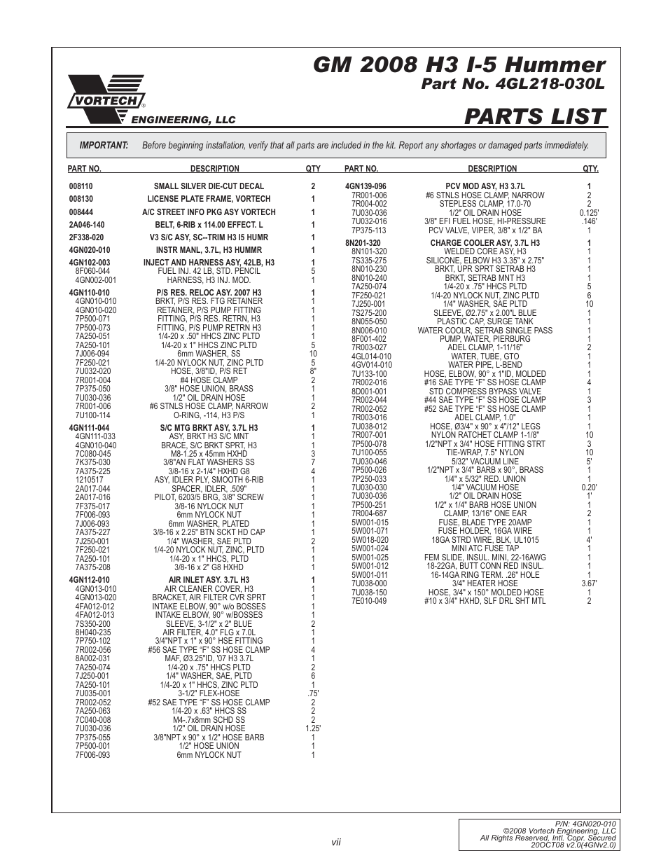 Parts list | Vortech H3 I-5 Hummer - 2006-2008 User Manual | Page 7 / 32