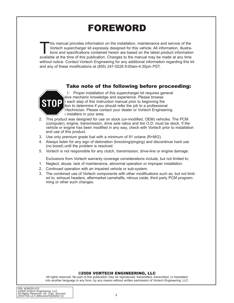 Foreword | Vortech Alpha H3 Hummer - 2008 User Manual | Page 2 / 30