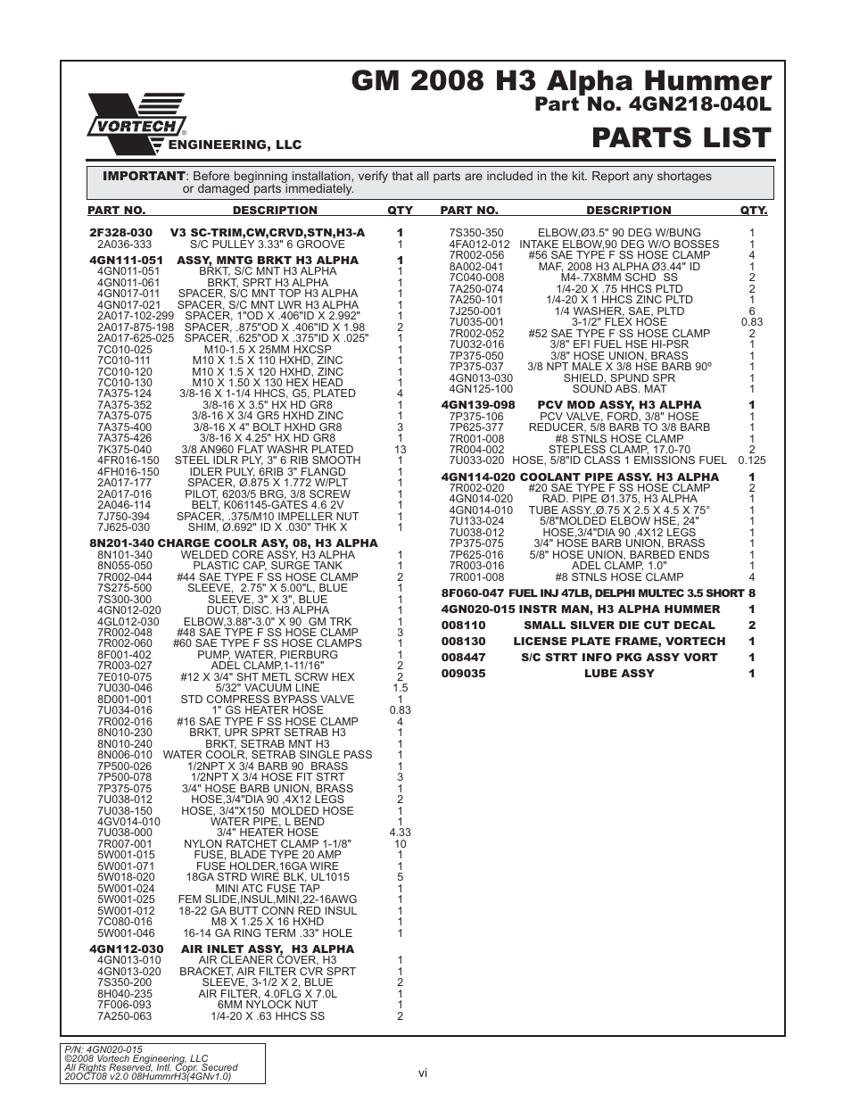 Parts list | Vortech Alpha H3 Hummer - 2008 User Manual | Page 6 / 30