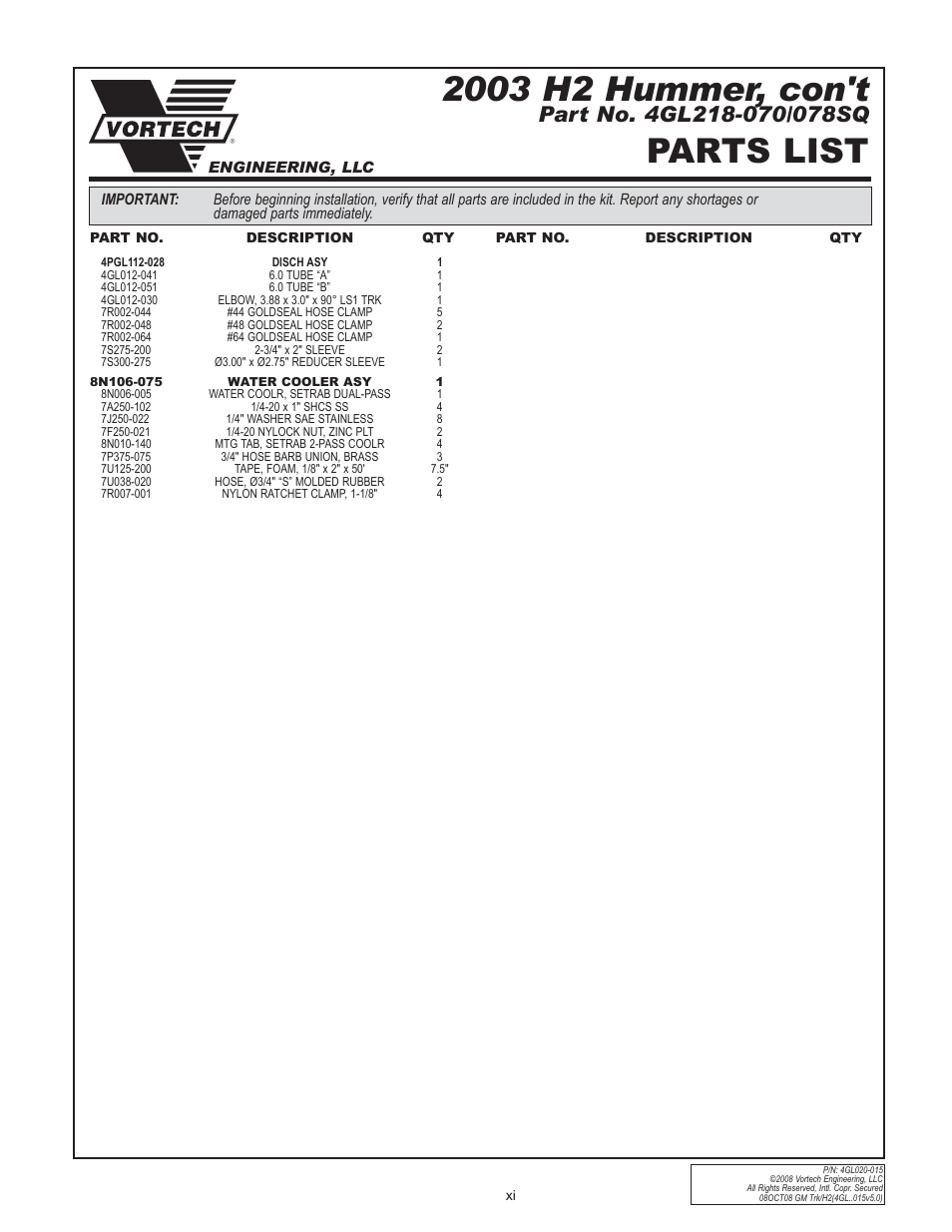 Parts list | Vortech 2003-2004 Chevrolet SS User Manual | Page 11 / 58