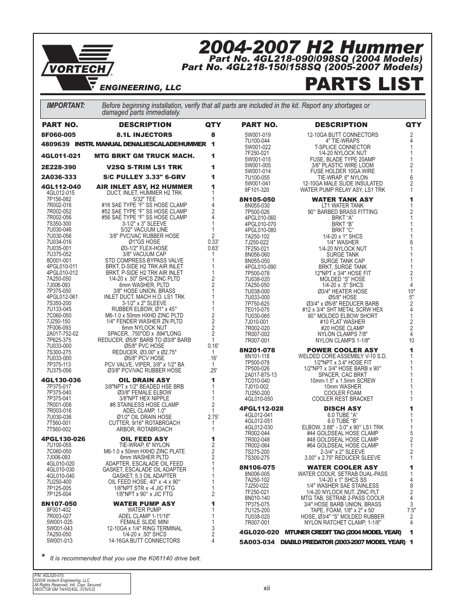 Parts list | Vortech 2003-2004 Chevrolet SS User Manual | Page 12 / 58