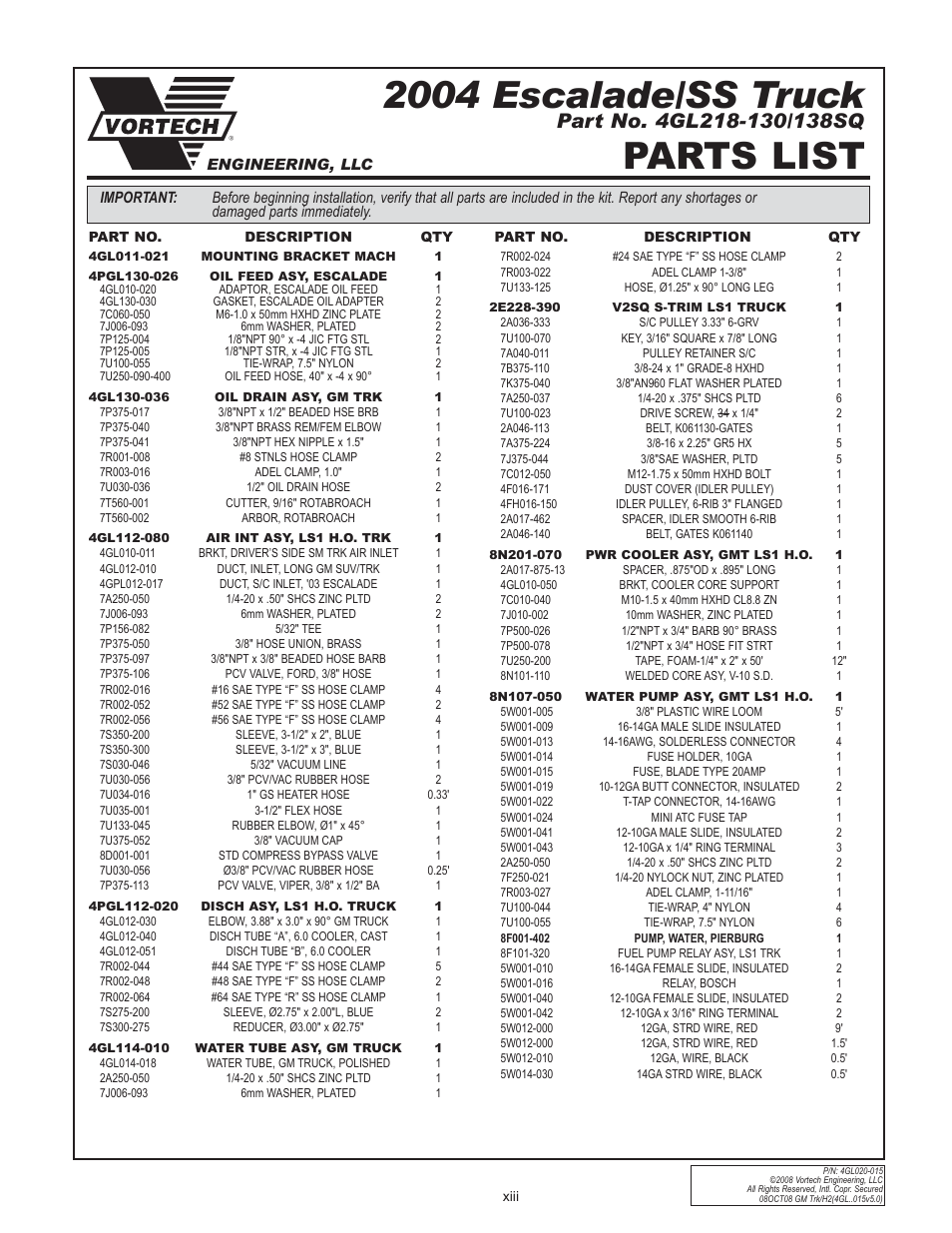 2004 escalade/ss truck, Parts list | Vortech 2003-2004 Chevrolet SS User Manual | Page 13 / 58