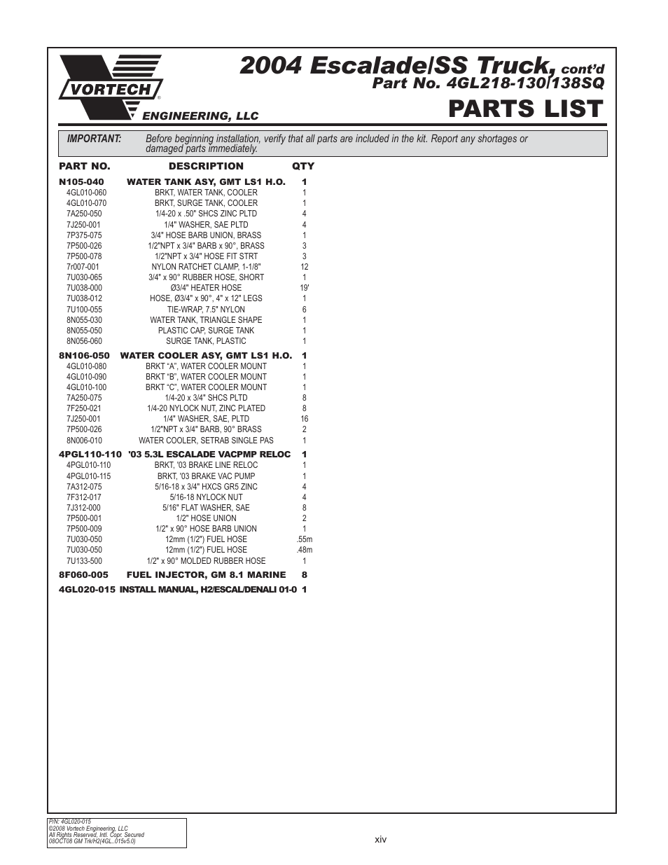 2004 escalade/ss truck, Parts list, Cont’d | Vortech 2003-2004 Chevrolet SS User Manual | Page 14 / 58
