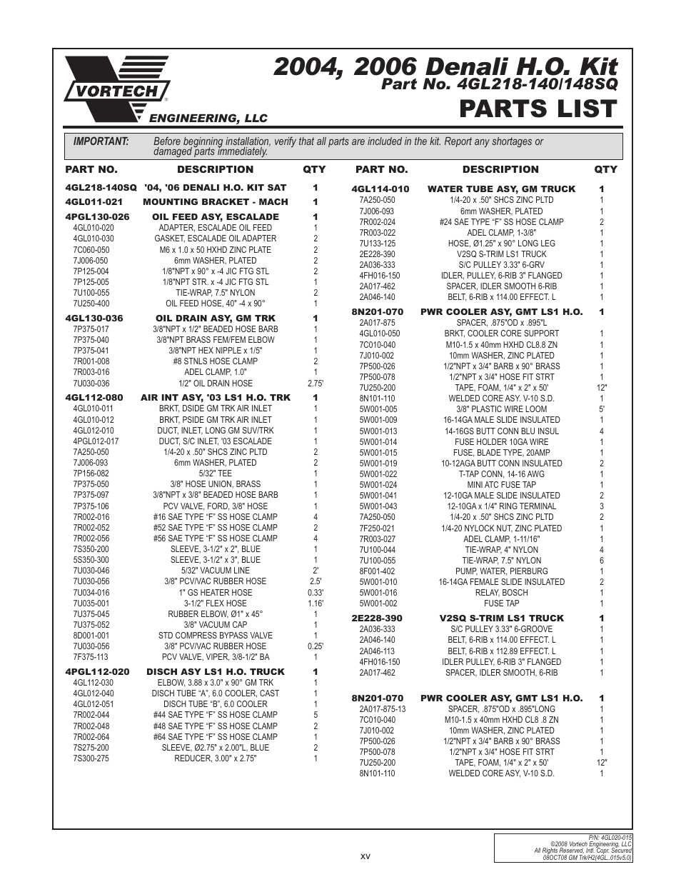 Parts list | Vortech 2003-2004 Chevrolet SS User Manual | Page 15 / 58