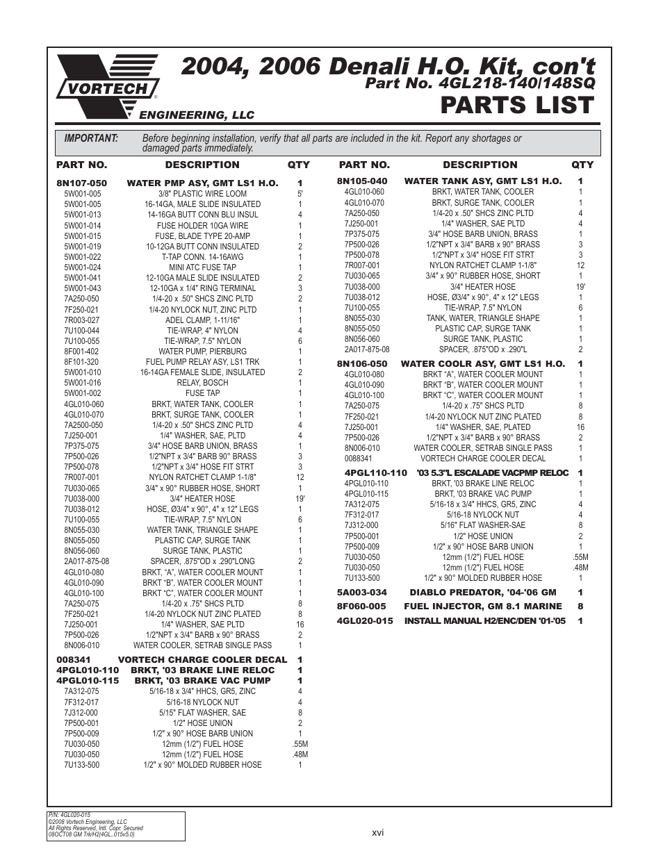 Parts list | Vortech 2003-2004 Chevrolet SS User Manual | Page 16 / 58