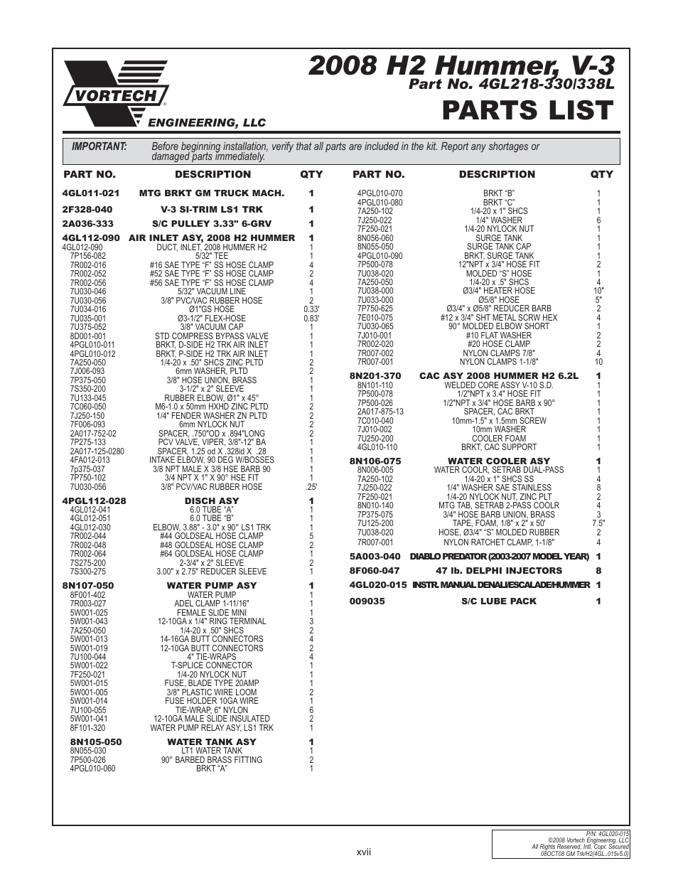 Parts list | Vortech 2003-2004 Chevrolet SS User Manual | Page 17 / 58
