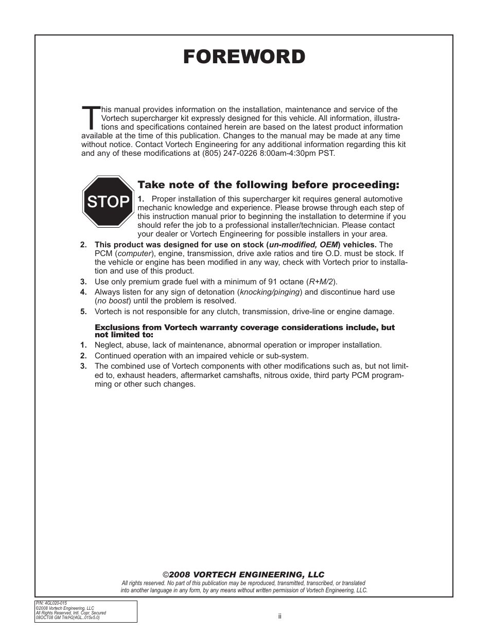 Foreword, Stop | Vortech 2003-2004 Chevrolet SS User Manual | Page 2 / 58