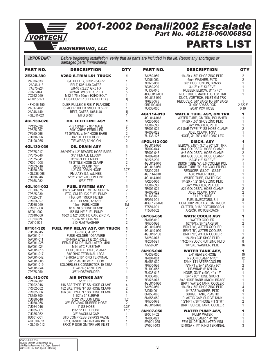 Parts list | Vortech 2003-2004 Chevrolet SS User Manual | Page 6 / 58