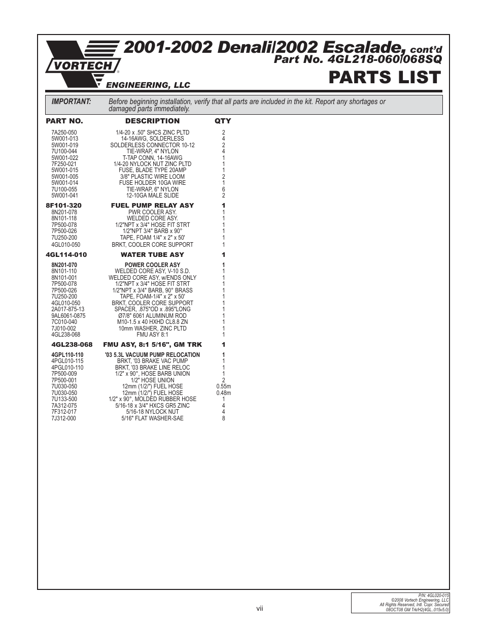 Parts list, Cont’d | Vortech 2003-2004 Chevrolet SS User Manual | Page 7 / 58