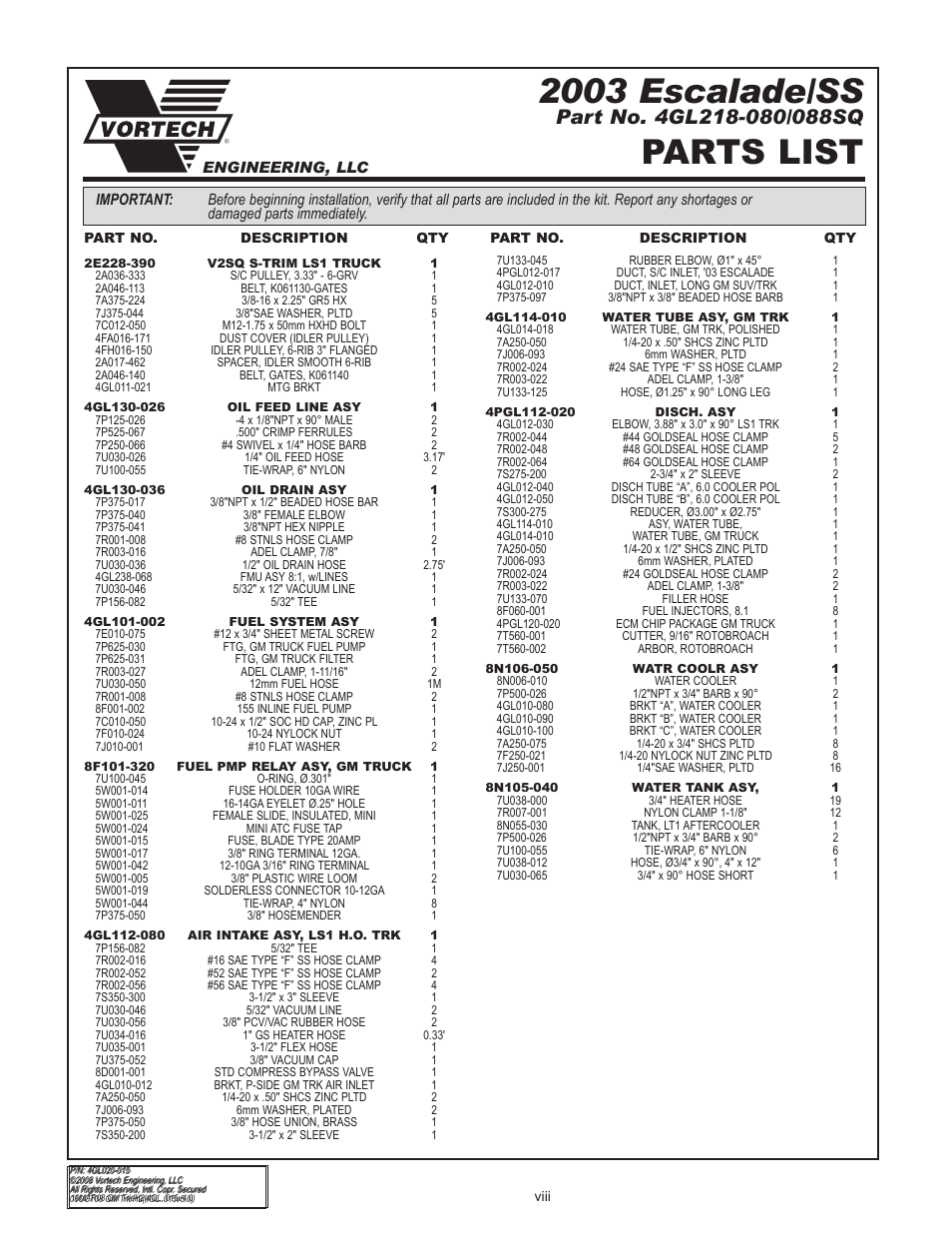 2003 escalade/ss, Parts list | Vortech 2003-2004 Chevrolet SS User Manual | Page 8 / 58