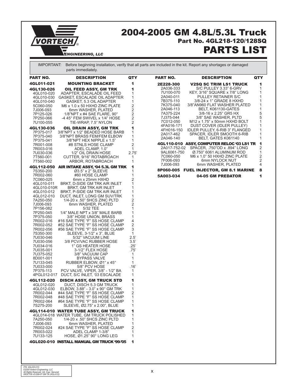 Parts list | Vortech 1999-2006 4.8L/5.3L/6.0L Light Truck/SUV User Manual | Page 10 / 32