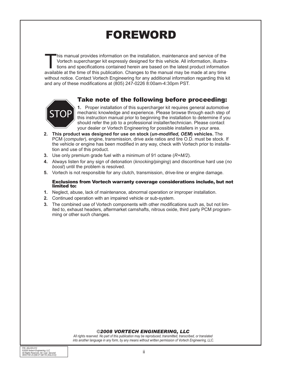 Foreword | Vortech 1999-2006 4.8L/5.3L/6.0L Light Truck/SUV User Manual | Page 2 / 32