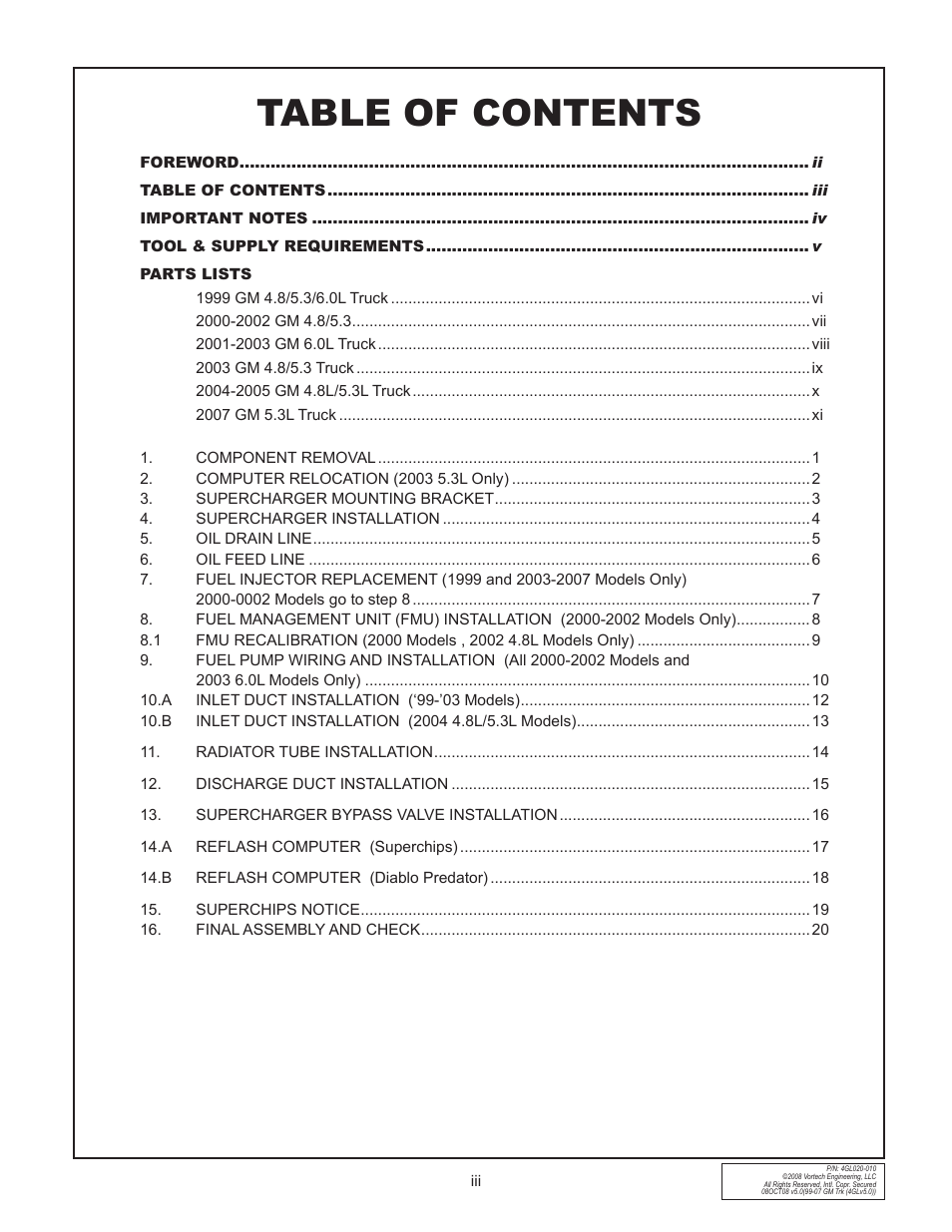 Vortech 1999-2006 4.8L/5.3L/6.0L Light Truck/SUV User Manual | Page 3 / 32