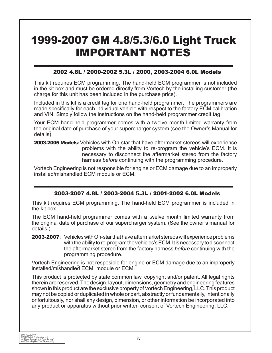 Vortech 1999-2006 4.8L/5.3L/6.0L Light Truck/SUV User Manual | Page 4 / 32