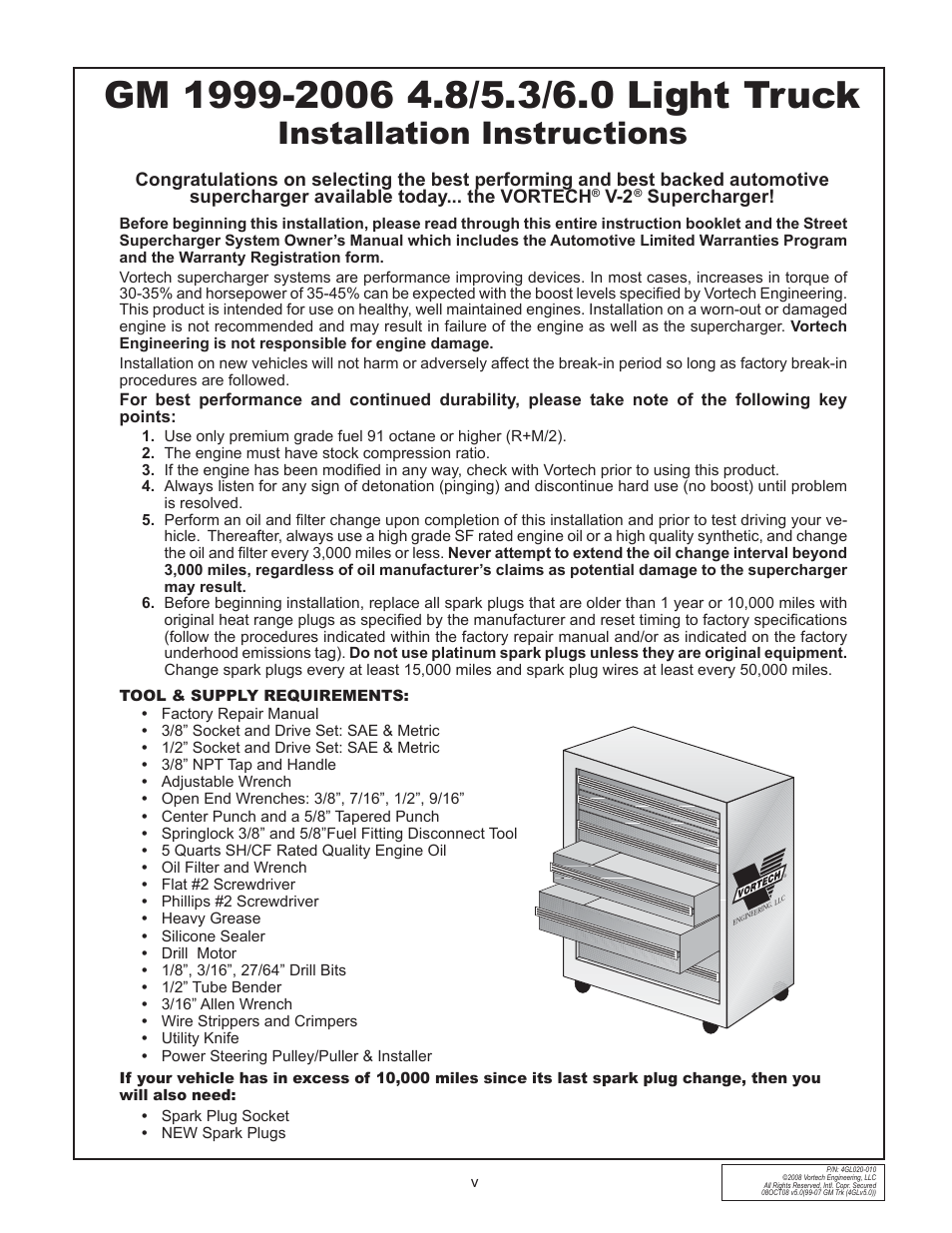 Installation instructions, Supercharger | Vortech 1999-2006 4.8L/5.3L/6.0L Light Truck/SUV User Manual | Page 5 / 32