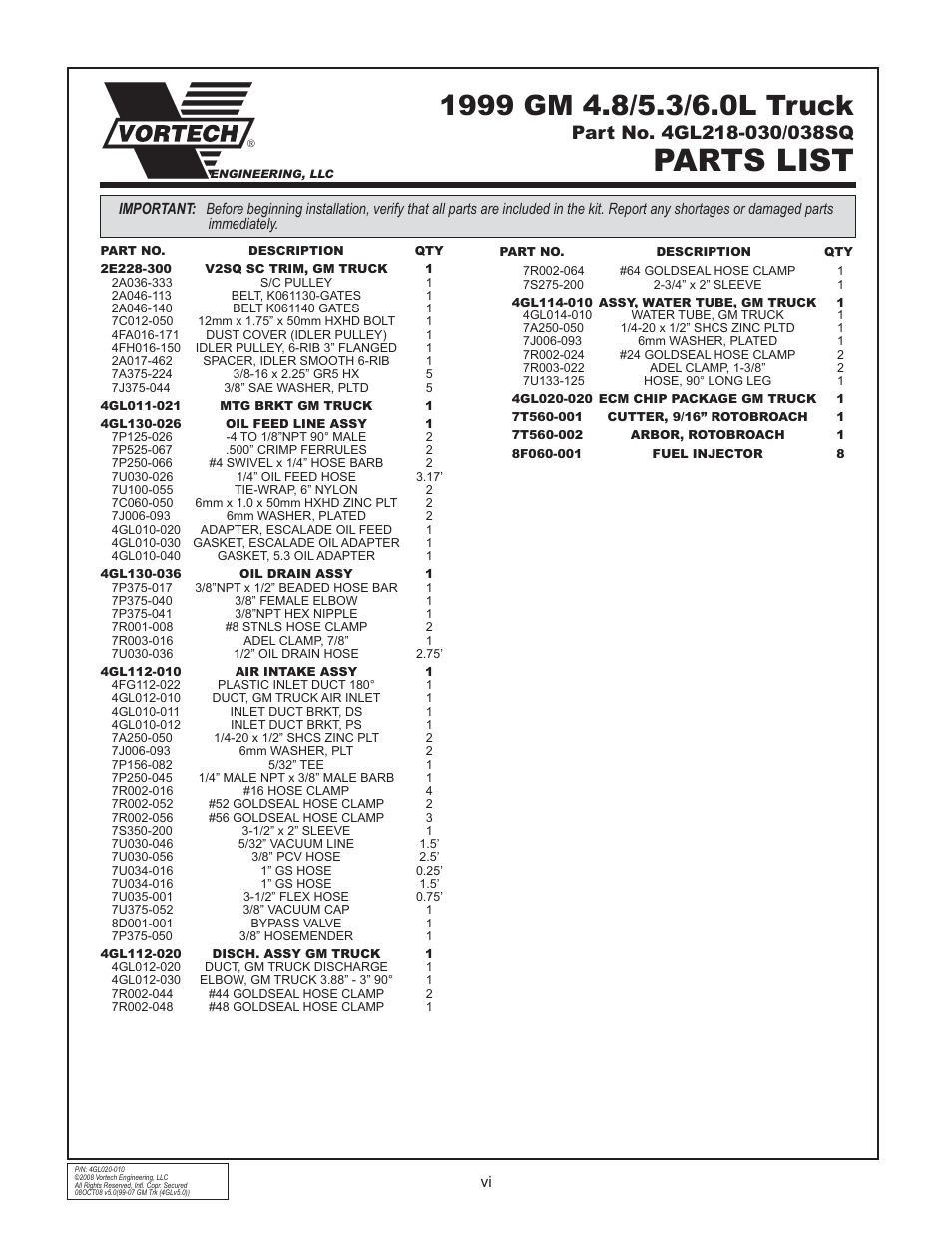Parts list | Vortech 1999-2006 4.8L/5.3L/6.0L Light Truck/SUV User Manual | Page 6 / 32