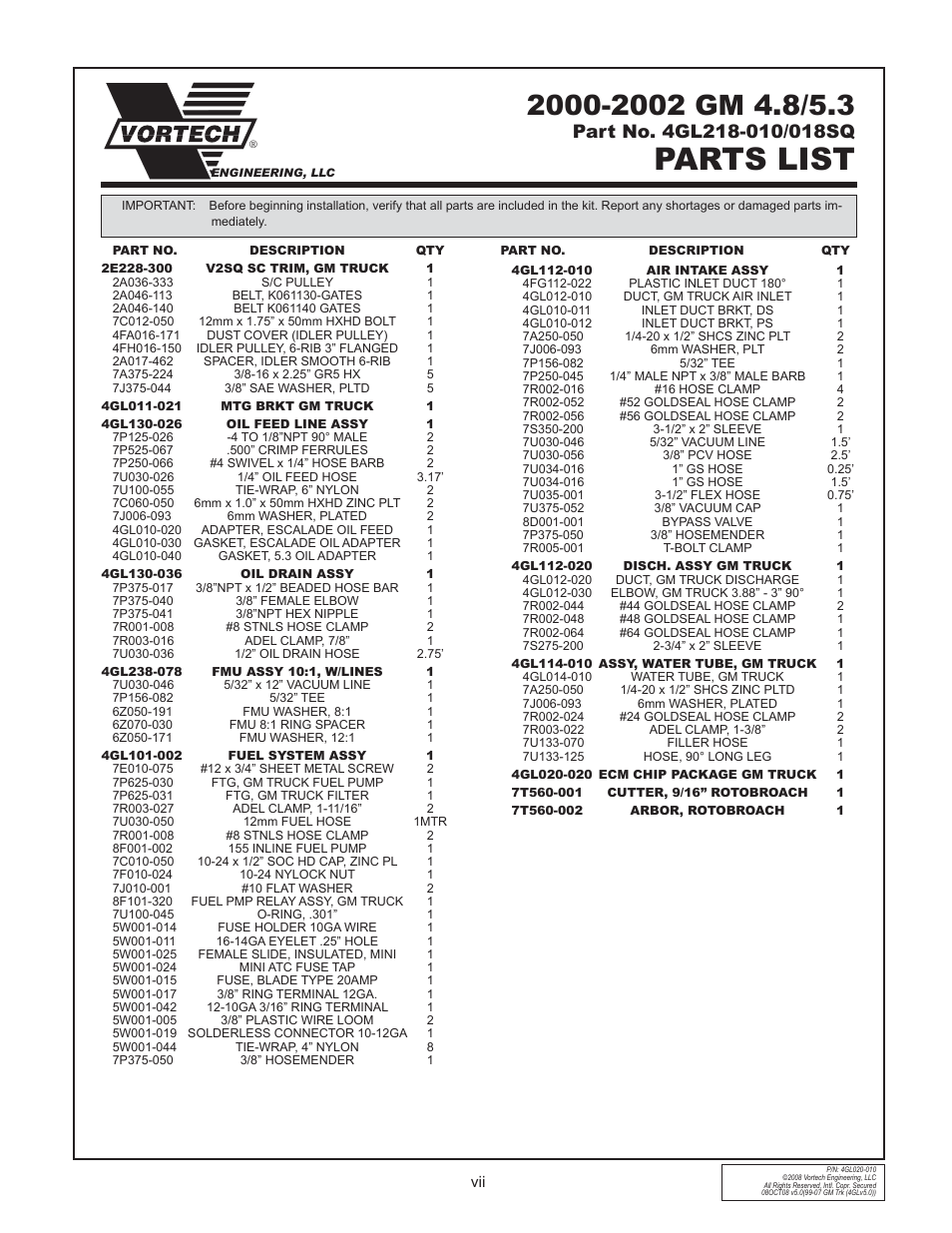 Parts list | Vortech 1999-2006 4.8L/5.3L/6.0L Light Truck/SUV User Manual | Page 7 / 32