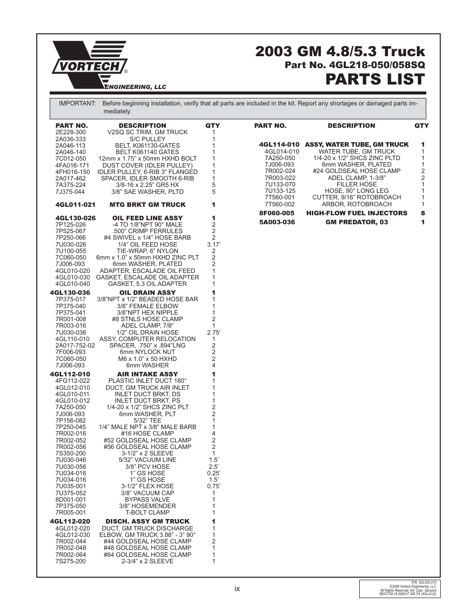 Parts list | Vortech 1999-2006 4.8L/5.3L/6.0L Light Truck/SUV User Manual | Page 9 / 32