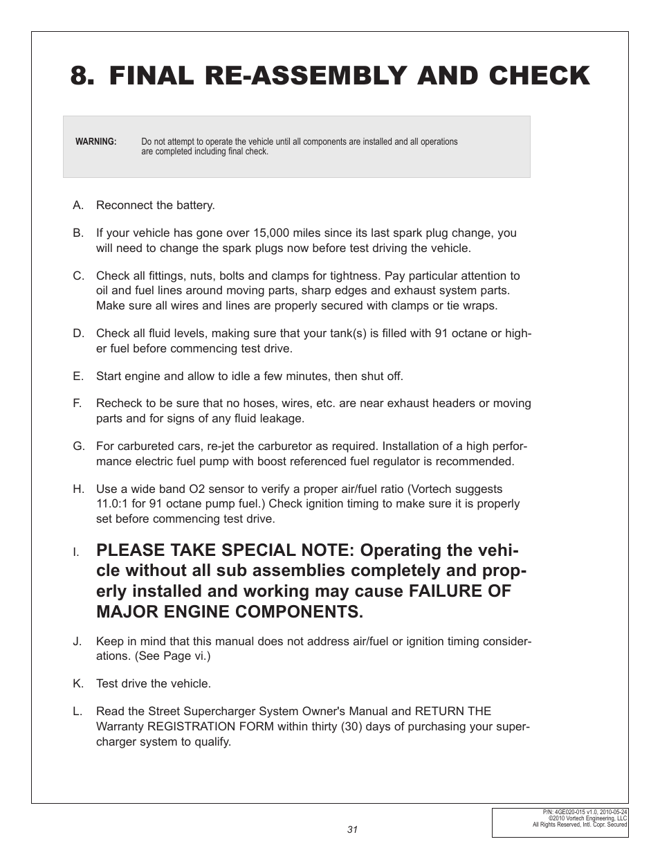 Final re-assembly and check | Vortech Universal GM LSX Tuner Kits User Manual | Page 41 / 42